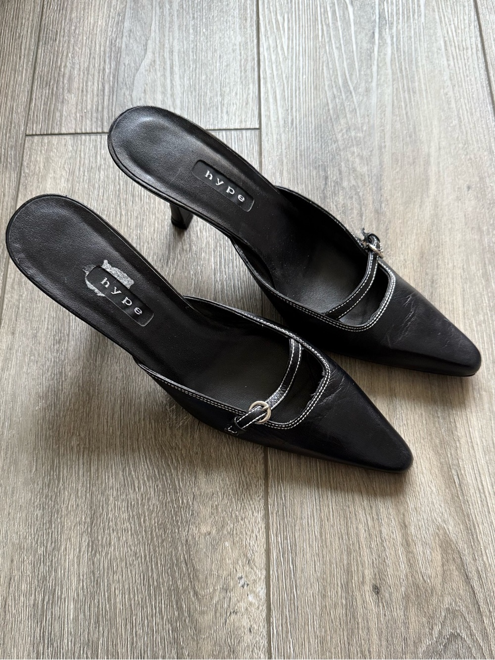 Hype Black Pointed Toe Mule with Silver Buckle
